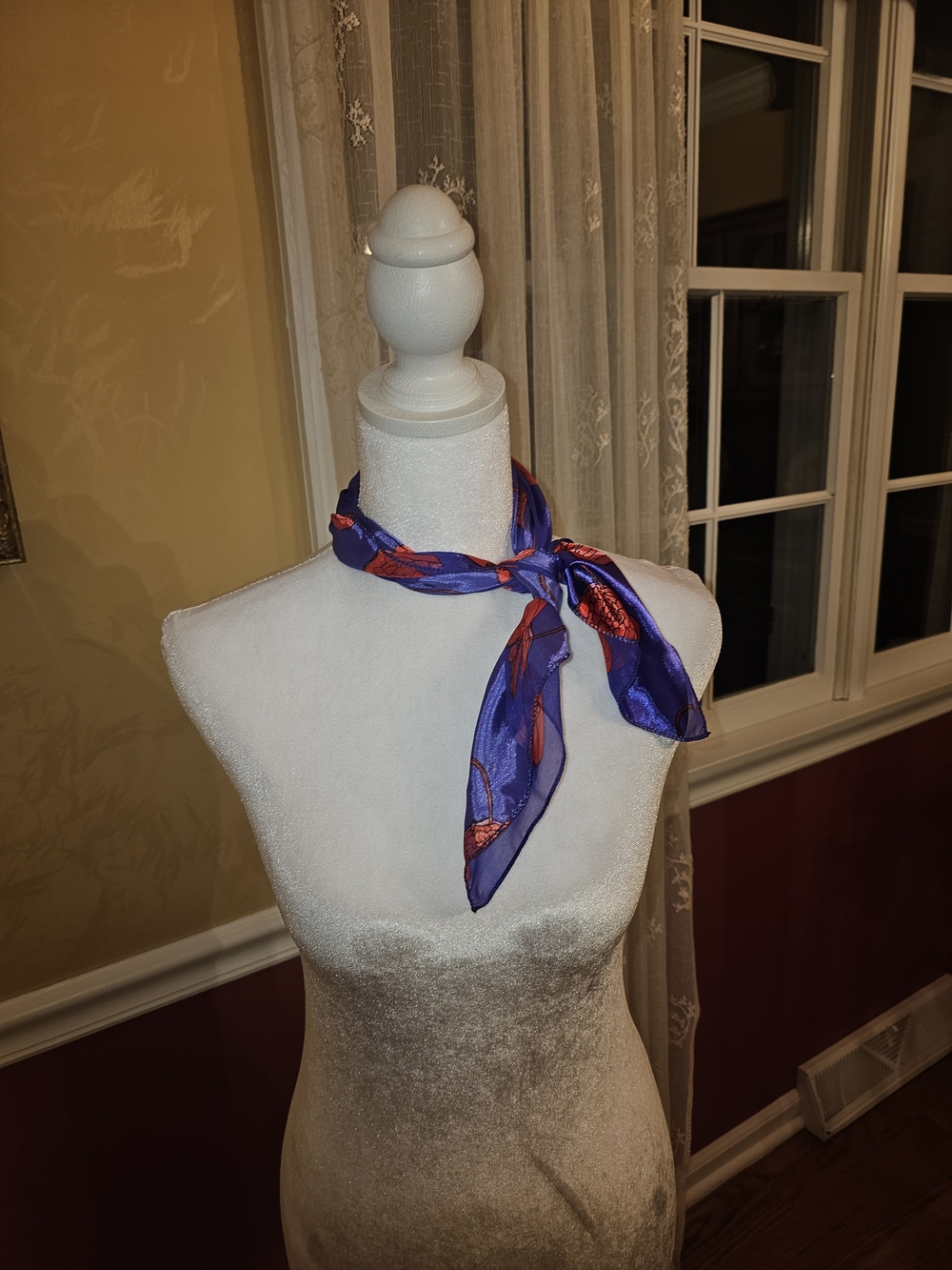 Purple Silk Neck Scarf with Red Leaf Accents